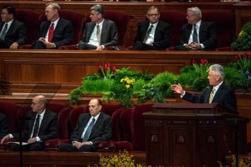 Chris Detrick  |  The Salt Lake Tribune
President Dieter F. Uchtdorf, second counselor in the First Presidency, speaks during the afternoon session of the 185th Annual LDS General Conference Saturday April 4, 2015.