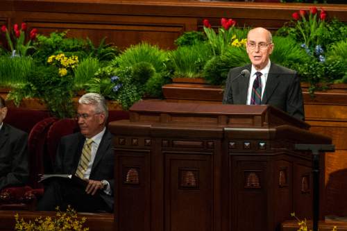 Chris Detrick  |  The Salt Lake Tribune
President Henry B. Eyring, first counselor in the First Presidency, speaks during the afternoon session of the 185th Annual LDS General Conference Saturday April 4, 2015.