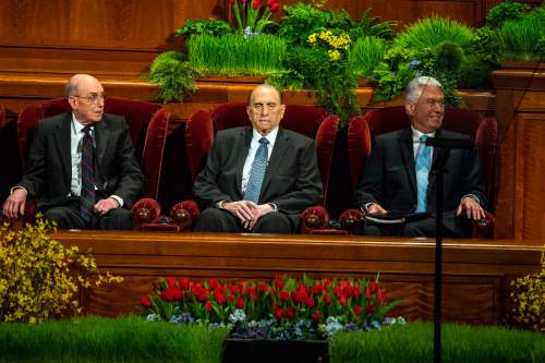 Chris Detrick  |  The Salt Lake Tribune
President Henry B. Eyring, first counselor in the First Presidency, Church President Thomas S. Monson and President Dieter F. Uchtdorf, second counselor in the First Presidency, listen during the 185thAnnual  LDS General Conference Saturday April 4, 2015.