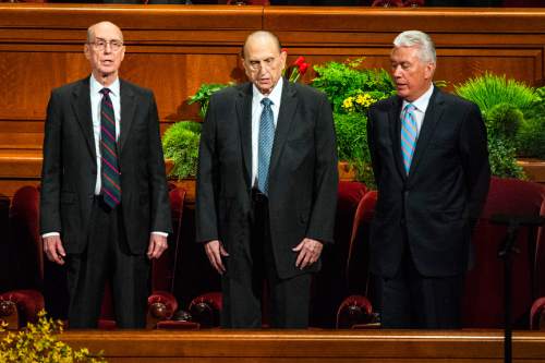 Chris Detrick  |  The Salt Lake Tribune
President Henry B. Eyring, first counselor in the First Presidency, Church President Thomas S. Monson and President Dieter F. Uchtdorf, second counselor in the First Presidency, sing during the 185th Annual LDS General Conference Saturday April 4, 2015.