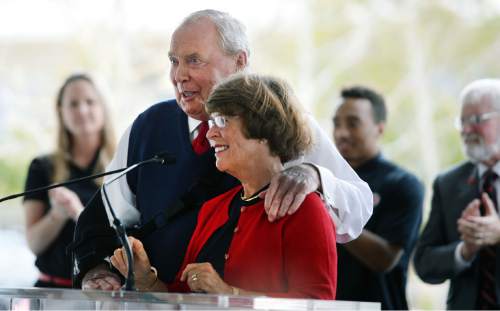 Steve Griffin  |  The Salt Lake Tribune

Jon and Karen Huntsman smile as they receive a standing ovation during grand opening ceremony of the Jon M. and Karen Huntsman Basketball Center  on the University of Utah campus in Salt Lake City, Thursday, October 1, 2015.