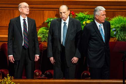 Chris Detrick  |  The Salt Lake Tribune
President Henry B. Eyring, first counselor in the First Presidency, Church President Thomas S. Monson and President Dieter F. Uchtdorf, second counselor in the First Presidency, sing during the 185th Annual LDS General Conference on Saturday, April 4, 2015.