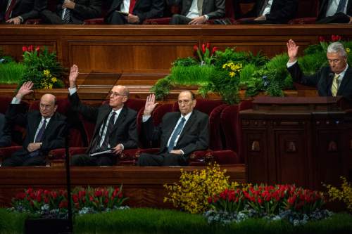 Chris Detrick  |  The Salt Lake Tribune
LDS Church President Thomas S. Monson affirms a vote during the afternoon session of the 185th Annual LDS General Conference on Saturday, April 4, 2015.