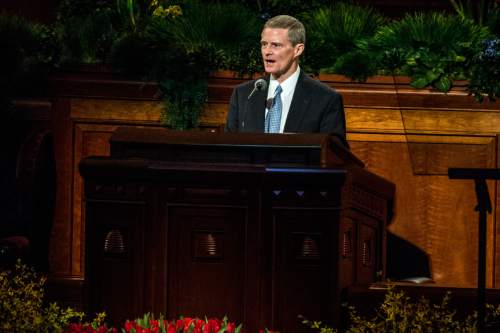 Chris Detrick  |  The Salt Lake Tribune
Elder David A. Bednar, Quorum of the Twelve Apostles, speaks during the afternoon session of the 185th Annual LDS General Conference on Saturday, April 4, 2015. Bednar and Dieter F. Uchtdorf were ordained apostles on the same day, Oct. 7, 2004.