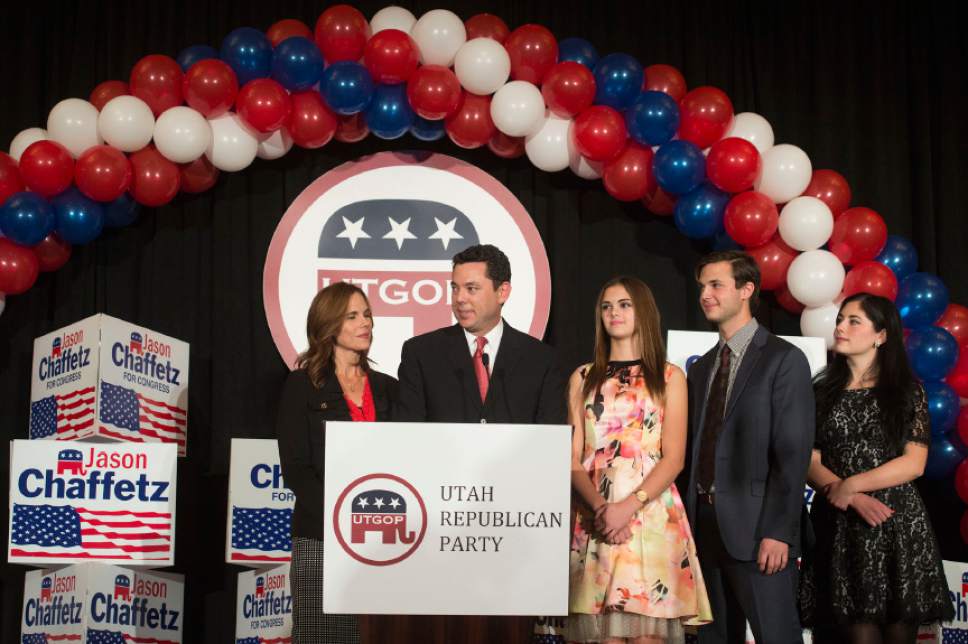Steve Griffin  |  The Salt Lake Tribune

Flanked by his family, Representative Jason Chaffetz addresses the crowd during the GOP election night party at the Hilton in downtown Salt Lake City, Tuesday November 4, 2014.