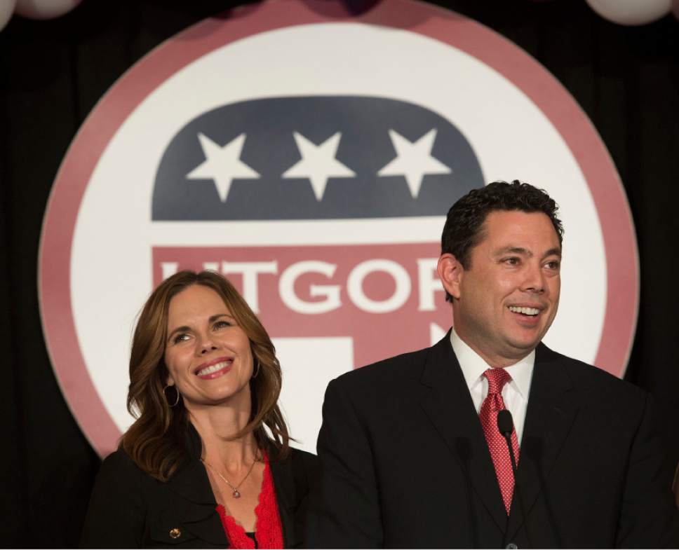 Steve Griffin  |  The Salt Lake Tribune

Representative Jason Chaffetz addresses the crowd alongside his wife Julie Chaffetz during the GOP election night party at the Hilton in downtown Salt Lake City, Tuesday November 4, 2014.