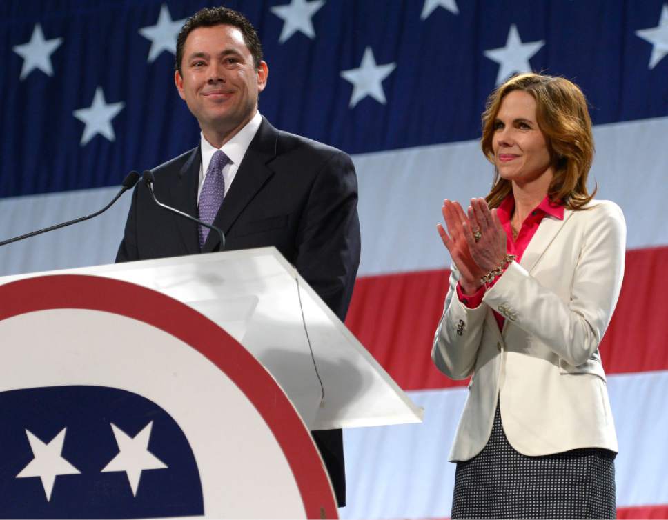Leah Hogsten  |  The Salt Lake Tribune
3rd Congressional District candidate Jason Chaffetz, with wife Julie, won the nominee with 87% of the votes at the Utah Republican Party 2014 Nominating Convention at the South Towne Expo Center, Saturday, April 26, 2014.