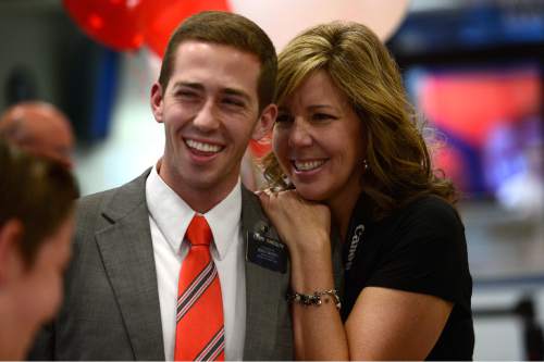 Scott Sommerdorf   |  The Salt Lake Tribune
Sheri Randolph poses for photos with her son Tyler who has just returned from his mission to Peru at the Salt Lake International Airport, Wednesday, September 9, 2015.