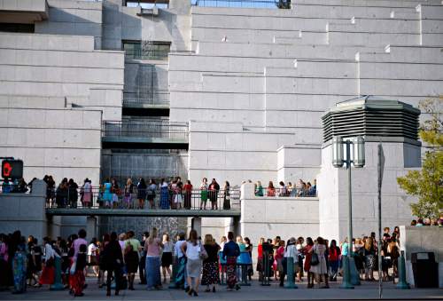 Lennie Mahler  |  The Salt Lake Tribune

Women line up in front of the LDS Conference Center for the first session of the 185th LDS General Conference, Saturday, Sept. 26, 2015, in Salt Lake City. The session is for all LDS women and girls eight years or older.