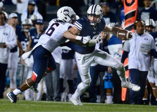 Scott Sommerdorf   |  The Salt Lake Tribune
BYU wide receiver Mitch Mathews (10) runs with the ball after a first half catch. UCONN and BYU were tied 7-7 at the half, October 2, 2015.