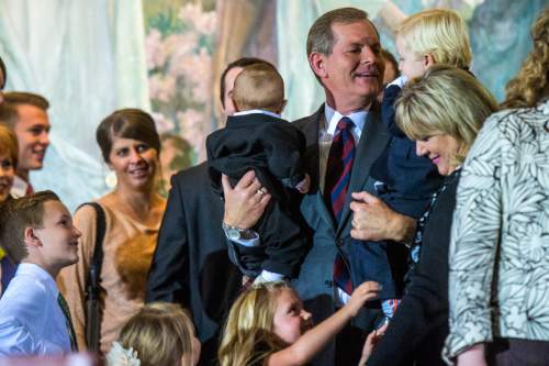 Chris Detrick  |  The Salt Lake Tribune
Gary E. Stevenson embraces his members of his family after a press conference at the Church Office Building Saturday October 3, 2015.