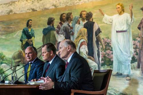 Chris Detrick  |  The Salt Lake Tribune
New apostles Ronald A. Rasband, Gary E. Stevenson and Dale G. Renlund during a press conference at the Church Office Building Saturday October 3, 2015.