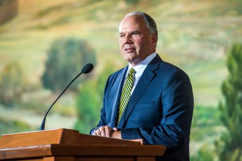 Chris Detrick  |  The Salt Lake Tribune
New apostle Ronald A. Rasband speaks during a press conference at the Church Office Building Saturday October 3, 2015.
