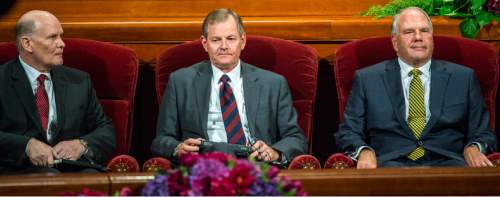 Chris Detrick  |  The Salt Lake Tribune
The LDS Church named three new apostles Dale G. Renlund, Gary E. Stevenson and Ronald A. Rasband during afternoon session of the 185th LDS General Conference at  the Conference Center in Salt Lake City Saturday October 3, 2015.