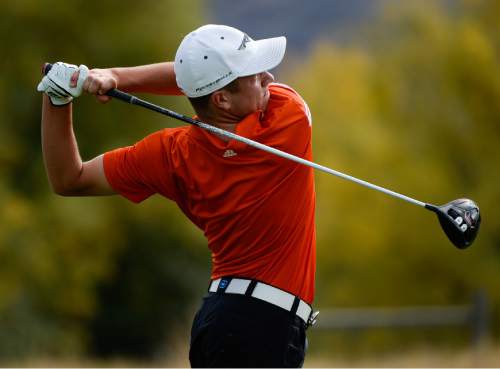 Francisco Kjolseth | The Salt Lake Tribune
Josh Lillywhite twists his body as he drives a ball down the fairway while competing in the boys class 4A golf tournament played on the Silver Course at Soldier Hollow in Midway on Tuesday, Oct. 6, 2015.