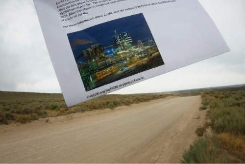 Scott Sommerdorf   |  The Salt Lake Tribune

A page from an Enefit oil company brochure shows a plant in Estonia that will be like the proposed processing plant they plan to build on this portion of their 320 acre piece of property in the north end of their private holdings in Uintah County, Wednesday, August 7, 2013.