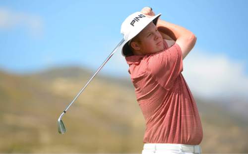 Leah Hogsten  |  The Salt Lake Tribune
Mitchell Schow of Park City fires off the 14th tee Thursday, October 8, 2015 on his way to winning the 3A Boys State Championship with a two-day tally of 131.