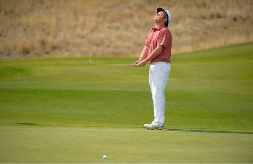 Leah Hogsten  |  The Salt Lake Tribune
Mitchell Schow of Park City reacts to his missed putt on the 12th green Thursday, October 8, 2015 on his way to winning the 3A Boys State Championship with a two-day tally of 131.