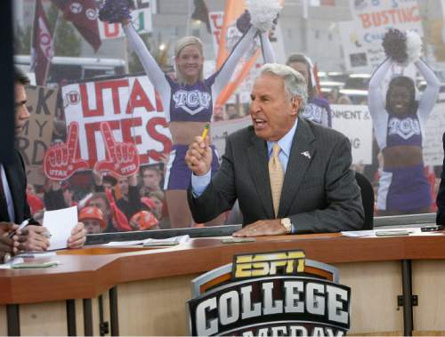 Scott Sommerdorf  l  The Salt Lake Tribune

Lee Corso gets into an energetic description of how he feels the game will go as fans of both teams watch behind the GameDay set. The ESPN College Gameday program did its broadcast at the University of Utah prior to the TCU at Utah game, Saturday, November 6, 2010.