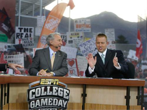 Scott Sommerdorf  l  The Salt Lake Tribune

Lee Corso (left) and Kirk Herbstreit discuss the BCS races during the early part of the GameDay program. The ESPN College Gameday program did its broadcast at the University of Utah prior to the TCU at Utah game, Saturday, November 6, 2010.