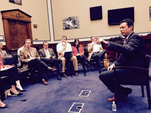 Thomas Burr  |  The Salt Lake Tribune

Rep. Jason Chaffetz, R-Utah, talks to reporters Monday morning about
his bid for speaker from the House Oversight and Government Reform
Committee hearing room.