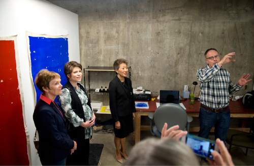 Lennie Mahler  |  The Salt Lake Tribune
National Endowment for the Arts Chairman Jane Chu tours the work space of Artist-In-Residence Paul Crow at the Utah Museum of Contemporary Art on Oct. 9, 2015.