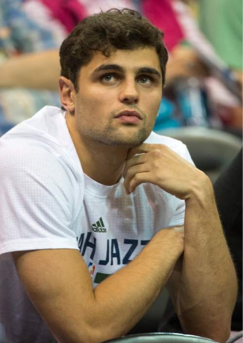 Rick Egan  |  The Salt Lake Tribune

 Brazilian point guard Raul Neto was on hand to watch the Jazz in Summer League action, Utah Jazz vs. The Boston Celtics, at EnergySolutions Arena, Monday, July 6, 2015.