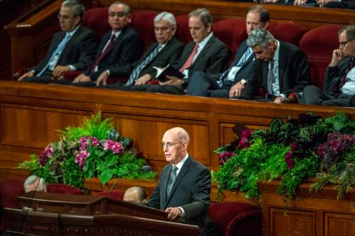 Chris Detrick  |  The Salt Lake Tribune
President Henry B. Eyring, first counselor in the First Presidency, speaks during morning session of the 185th LDS General Conference at  the Conference Center in Salt Lake City Saturday October 3, 2015.