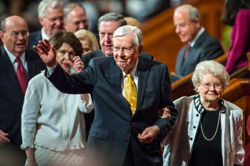 Chris Detrick  |  The Salt Lake Tribune
M. Russell Ballard, Quorum of the Twelve Apostles, walks off of the stage during morning session of the 185th LDS General Conference at  the Conference Center in Salt Lake City Saturday October 3, 2015.