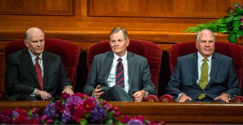 Chris Detrick  |  The Salt Lake Tribune
The LDS Church named three new apostles Dale G. Renlund, Gary E. Stevenson and Ronald A. Rasband during afternoon session of the 185th LDS General Conference at  the Conference Center in Salt Lake City Saturday October 3, 2015.