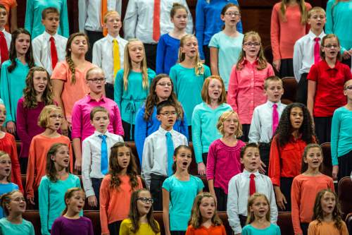 Chris Detrick  |  The Salt Lake Tribune
Primary children from Riverton sing during afternoon session of the 185th LDS General Conference at  the Conference Center in Salt Lake City Saturday October 3, 2015.