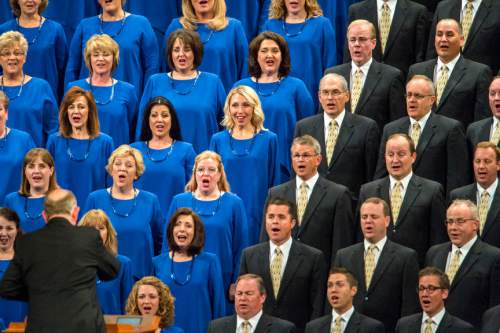 Chris Detrick  |  The Salt Lake Tribune
Members of the Mormon Tabernacle Choir sing during morning session of the 185th LDS General Conference at  the Conference Center in Salt Lake City Saturday October 3, 2015.