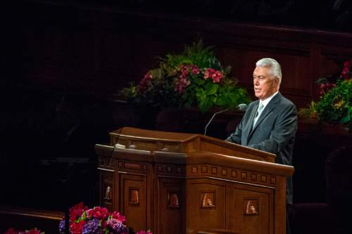 Chris Detrick  |  The Salt Lake Tribune
President Dieter F. Uchtdorf, second counselor in the governing LDS First Presidency, speaks during morning session of the 185th LDS General Conference at  the Conference Center in Salt Lake City Saturday October 3, 2015.