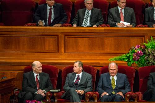 Chris Detrick  |  The Salt Lake Tribune
New apostles Dale G. Renlund, Gary E. Stevenson and Ronald A. Rasband during afternoon session of the 185th LDS General Conference at  the Conference Center in Salt Lake City Saturday October 3, 2015.