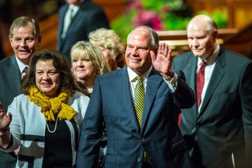 Chris Detrick  |  The Salt Lake Tribune
New apostle Ronald A. Rasband waves to the crowd after the afternoon session of the 185th LDS General Conference at  the Conference Center in Salt Lake City Saturday October 3, 2015.