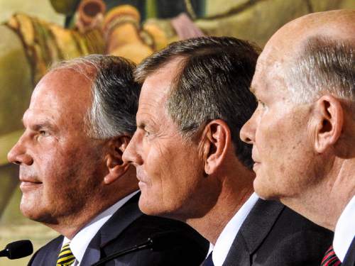 Trent Nelson  |  The Salt Lake Tribune
New LDS apostles, from left, Ronald A. Rasband, Gary E. Stevenson, and Dale G. Renlund, are introduced at a press conference during the 185th Semiannual General Conference of the LDS Church in Salt Lake City, Saturday October 3, 2015.