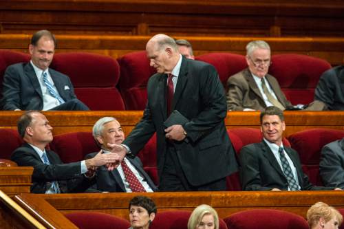 Chris Detrick  |  The Salt Lake Tribune
New apostle Dale G. Renlund is announced during afternoon session of the 185th LDS General Conference at  the Conference Center in Salt Lake City Saturday October 3, 2015.