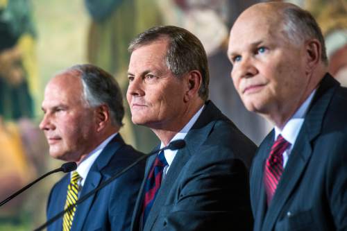 Chris Detrick  |  The Salt Lake Tribune
New apostles Ronald A. Rasband, Gary E. Stevenson and Dale G. Renlund during a press conference at the Church Office Building Saturday October 3, 2015.