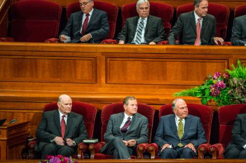 Chris Detrick  |  The Salt Lake Tribune
New apostles Dale G. Renlund, Gary E. Stevenson and Ronald A. Rasband during afternoon session of the 185th LDS General Conference at  the Conference Center in Salt Lake City Saturday October 3, 2015.