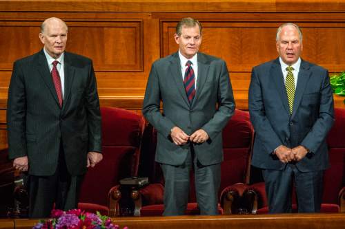 Chris Detrick  |  The Salt Lake Tribune
New apostles Dale G. Renlund, Gary E. Stevenson and Ronald A. Rasband sing during afternoon session of the 185th LDS General Conference at  the Conference Center in Salt Lake City Saturday October 3, 2015.