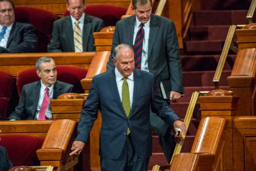 Chris Detrick  |  The Salt Lake Tribune
Ronald A. Rasband and Gary E. Stevenson are called as new apostles during afternoon session of the 185th LDS General Conference at  the Conference Center in Salt Lake City Saturday October 3, 2015.