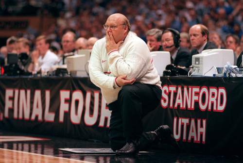 Steve Griffin  |  The Salt Lake Tribune 

Coaching in his first FInal Four Utah head coach Rick Majerus watches his team play the championship game agianst Kentucky.