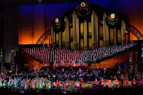 Francisco Kjolseth  |  The Salt Lake Tribune
The Mormon Tabernacle Choir's Christmas show with special guests Santino Fontana and the "Sesame Street" Muppets, perform at the Conference Center on Thursday night, Dec. 11, 2014.