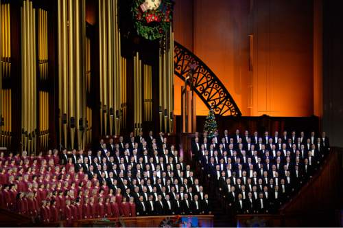 Francisco Kjolseth  |  The Salt Lake Tribune
The Mormon Tabernacle Choir's Christmas show with special guests Santino Fontana and the "Sesame Street" Muppets, perform at the Conference Center on Thursday night, Dec. 11, 2014.