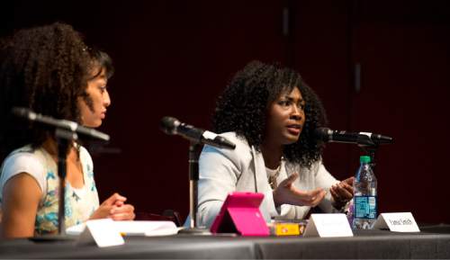 Lennie Mahler  |  The Salt Lake Tribune

Tamu Smith speaks in a panel discussion, "Race and Mormon Women," at the Utah Museum of Fine Arts, Friday, Oct. 9, 2015.