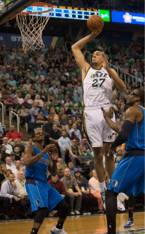 Rick Egan  |  The Salt Lake Tribune

Utah Jazz center Rudy Gobert (27) goes in for a slam dunk, in NBA action in the final home game of the season at EnergySolutions Arena, Salt Lake City, Monday, April 13, 2015.