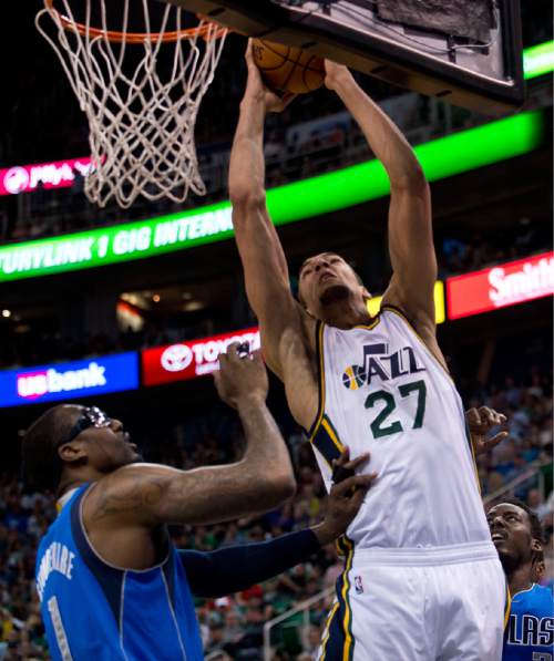 Lennie Mahler  |  The Salt Lake Tribune

Rudy Gobert dunks the ball over Amar'e Stoudemire in the first half as the Utah Jazz faced the Dallas Mavericks at EnergySolutions Arena on Monday, April 13, 2015.