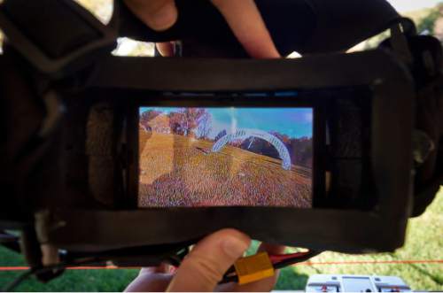 Michael Mangum  |  Special to the Tribune

The view inside Kyler Robinson's Quantum V2 video goggles, showing a drone's in-flight first person view during the first Utah Cup drone race at Warm Springs Park in Salt Lake City on Saturday, October 10, 2015.