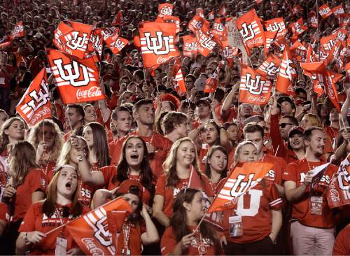 Scott Sommerdorf   |  The Salt Lake Tribune
The Utah student section - The MUSS - cheers during first half play. Utah held a 24-17 lead at the half, Saturday, October 10, 2015.