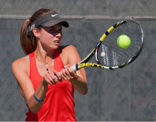 Michael Mangum  |  Special to the Tribune

Park City High School's Livi Rockwood backhands a return during the 3A first singles tennis state championship finals against Madz Eames of Desert Hills High at Liberty Park in Salt Lake City, UT on Saturday, October 10, 2015. Rockwood defeated Eames in the championship match.